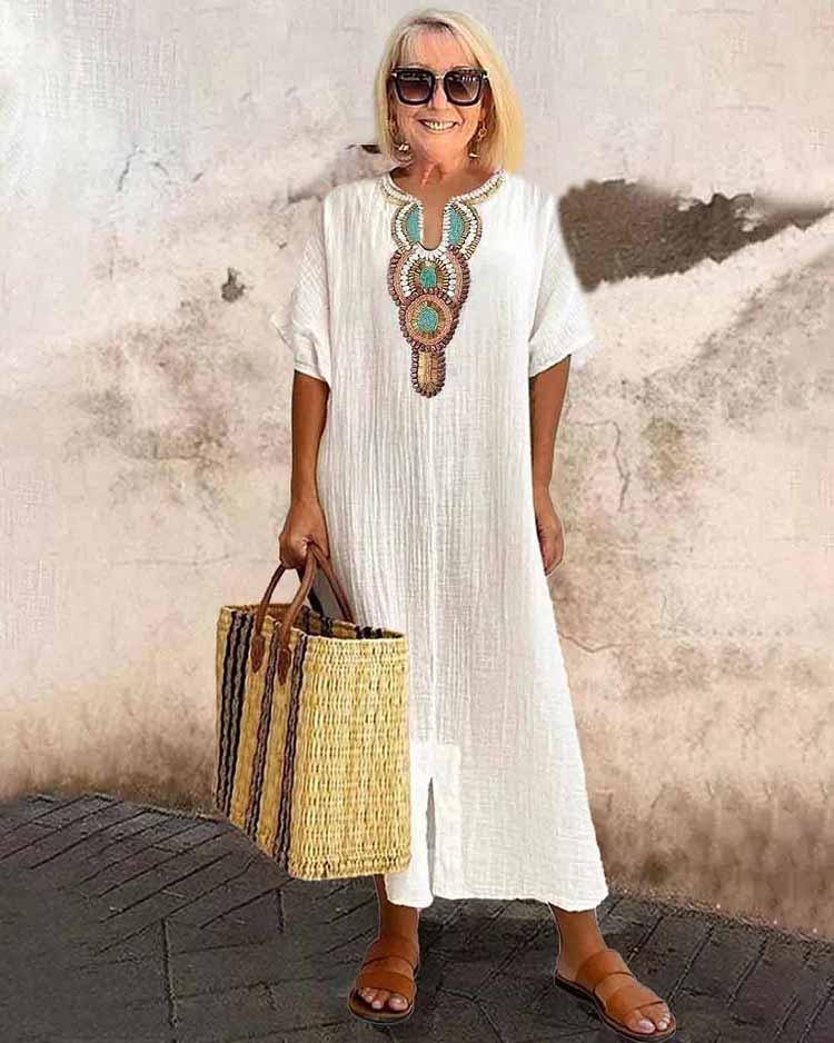 Leilany | Embroidered Cotton-Linen Dress