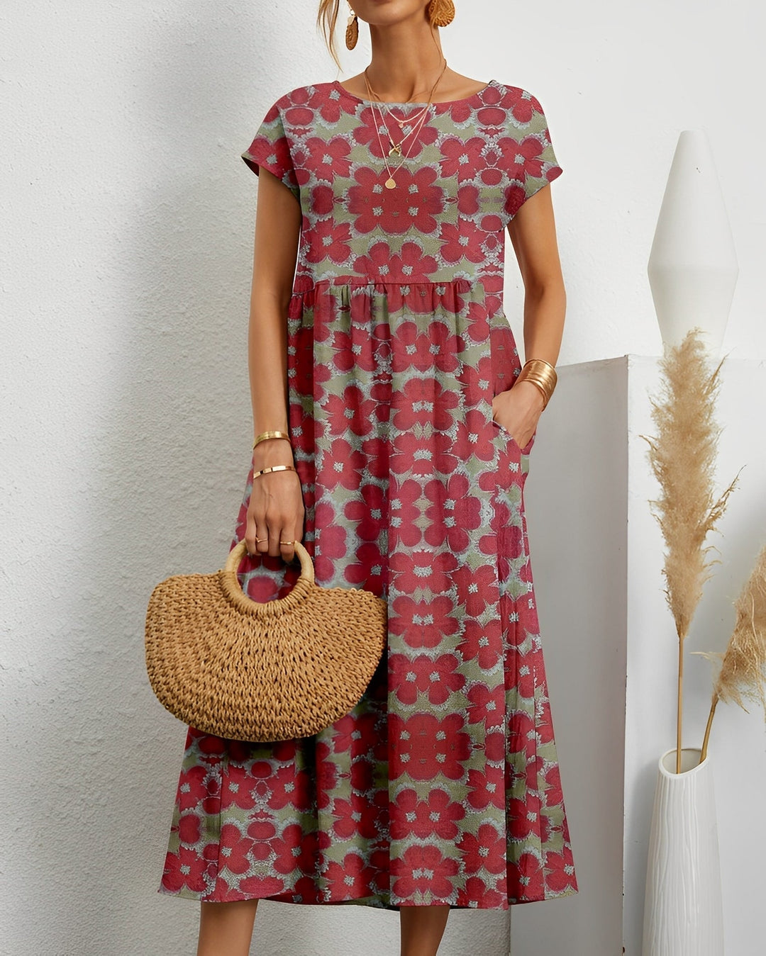 Merla - Floral Midi Dress with Pockets