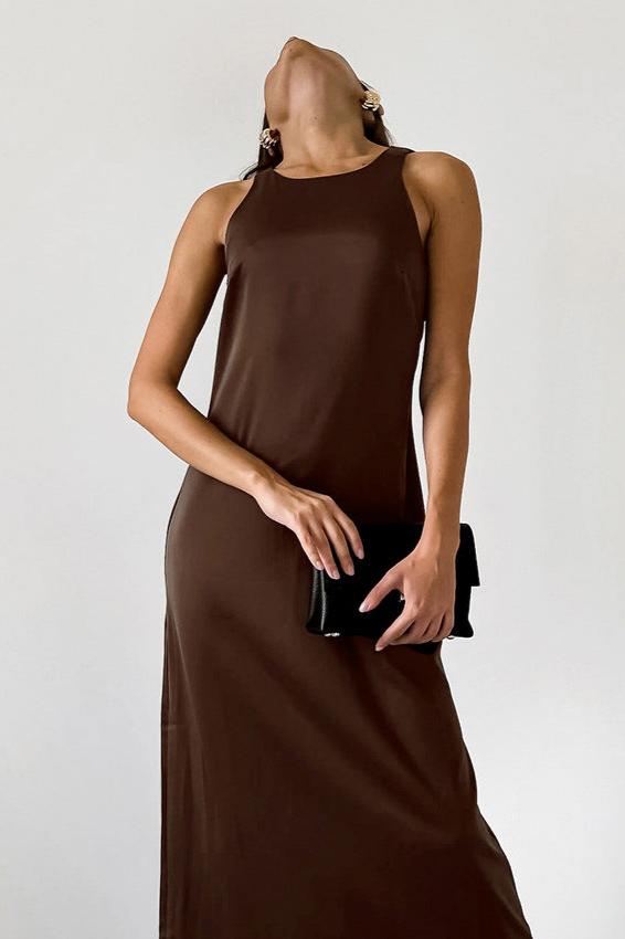 Mocha Essence | Sleeveless Satin Maxi Dress