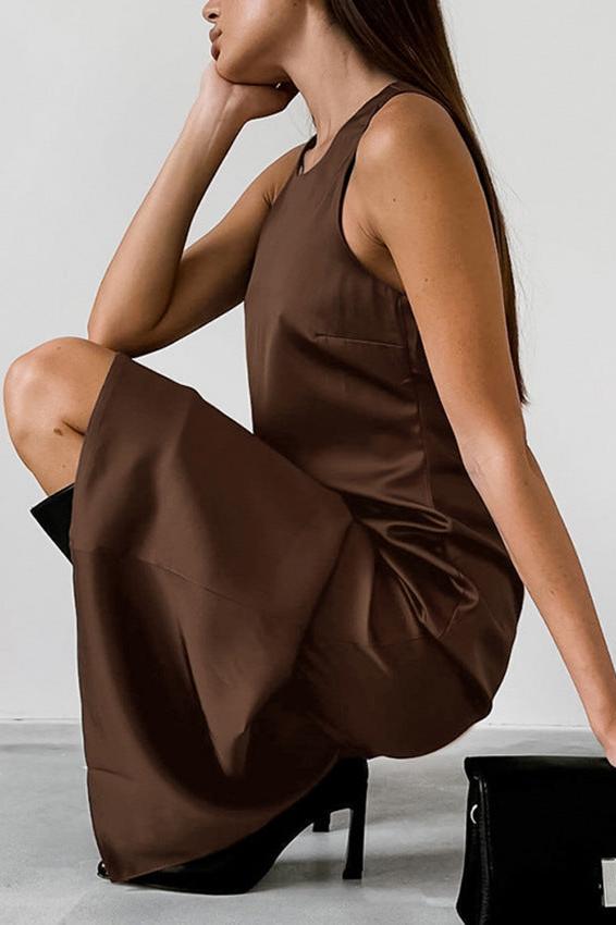 Mocha Essence | Sleeveless Satin Maxi Dress