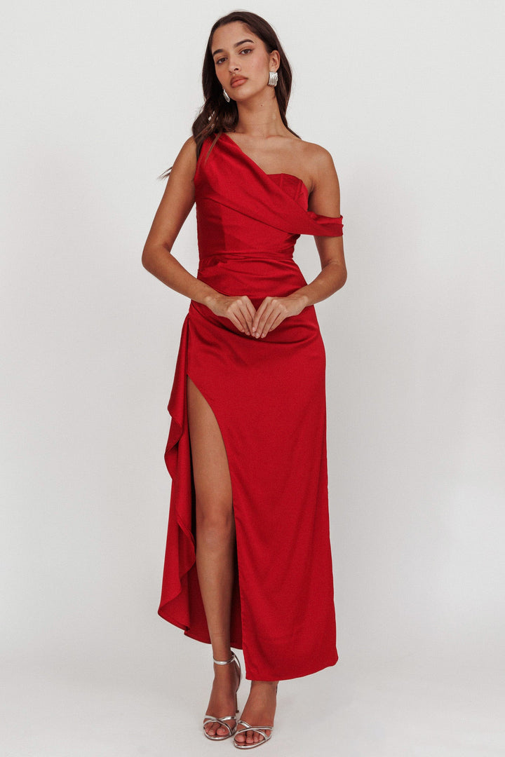 Sensations | Off-Shoulder Satin Maxi Dress - Red