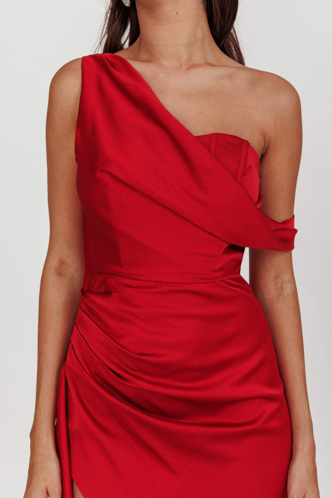 Sensations | Off-Shoulder Satin Maxi Dress - Red