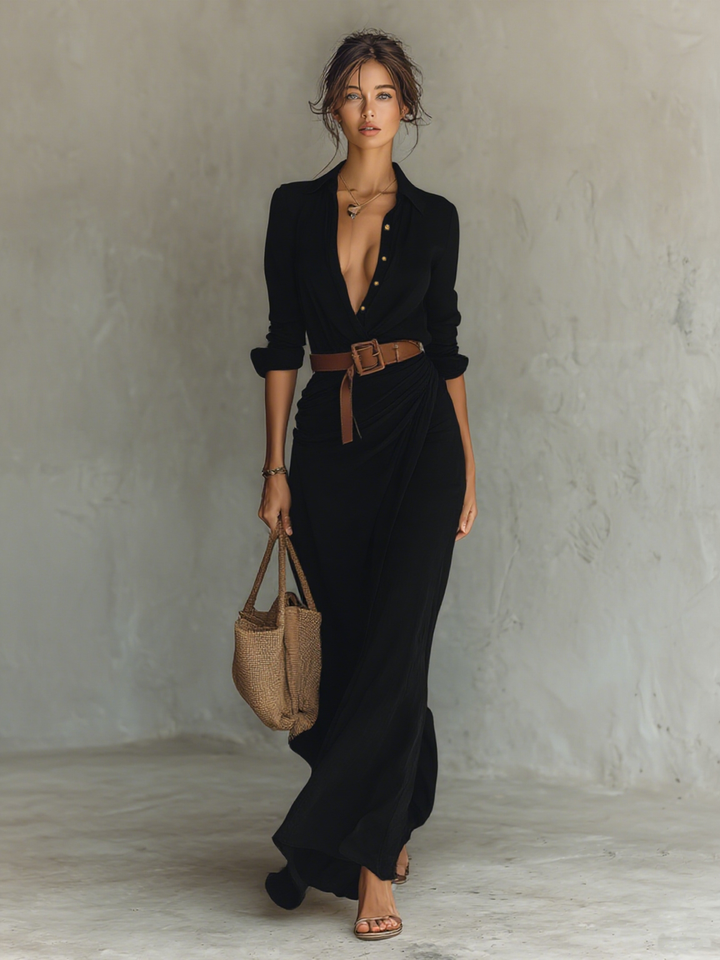 Elvora | Lapel Belted Maxi Dress