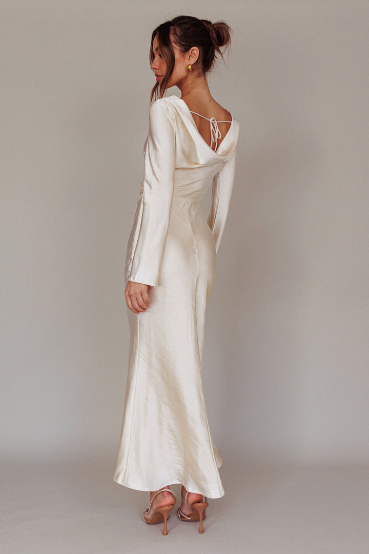 Loveland | Elegant Satin Midi Dress - Oyster