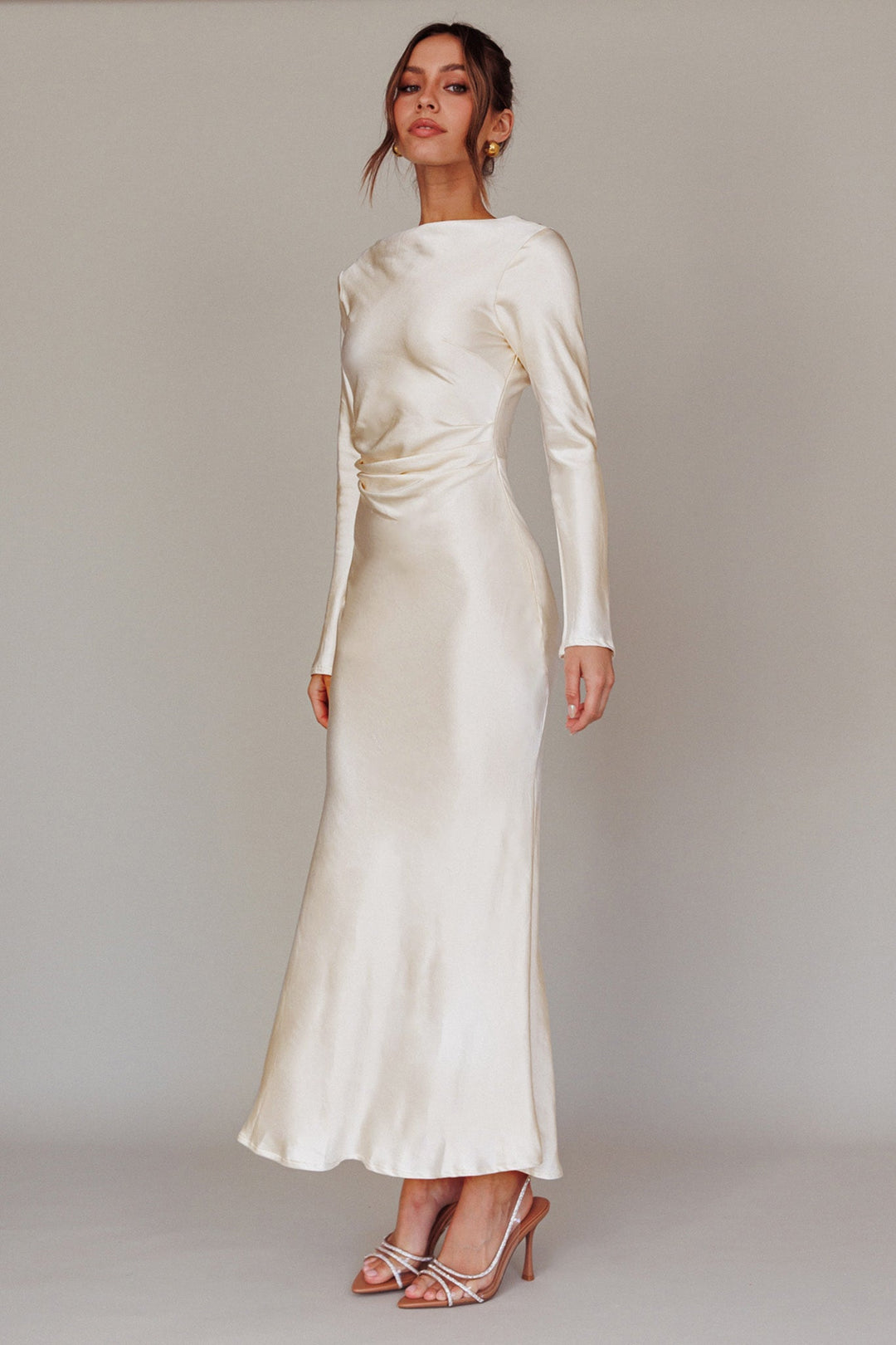 Loveland | Elegant Satin Midi Dress - Oyster
