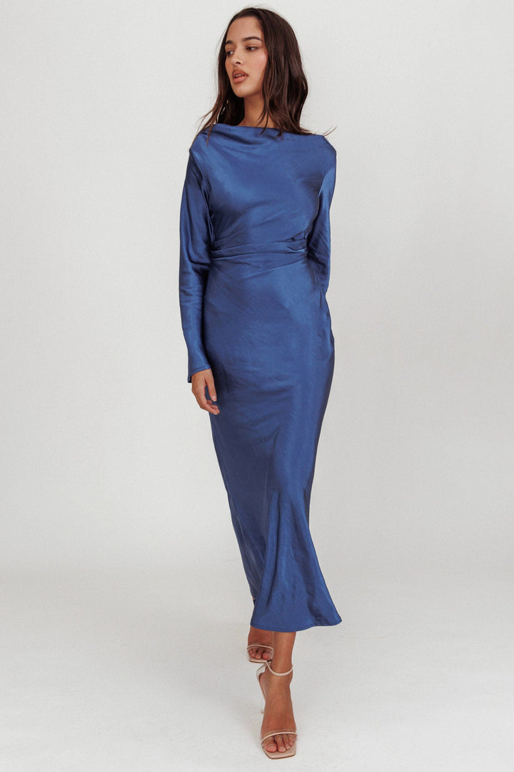 Loveland | Elegant Satin Midi Dress - Blue