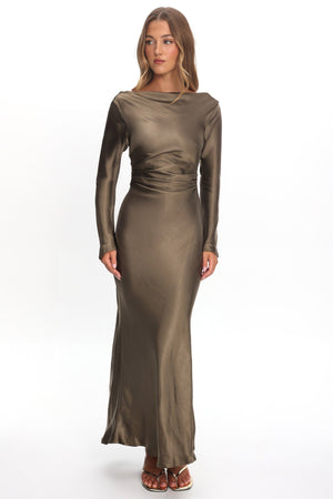 Loveland | Elegant Satin Midi Dress - Olive
