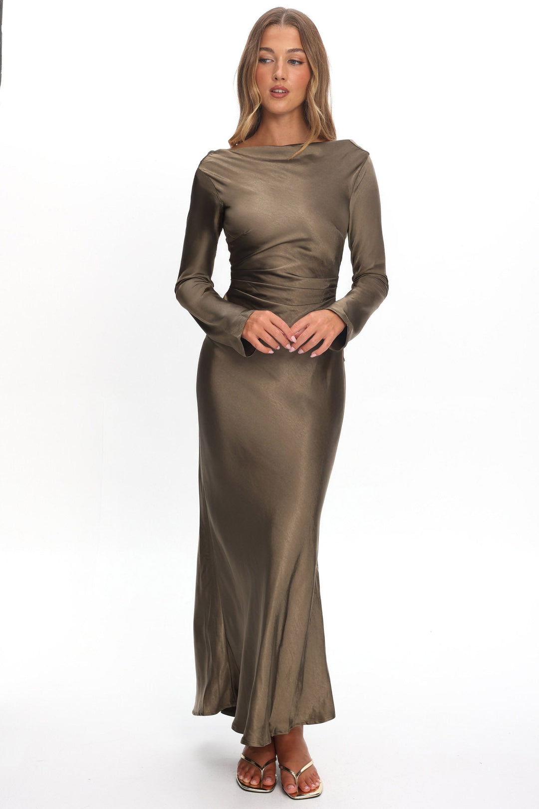 Loveland | Elegant Satin Midi Dress - Olive
