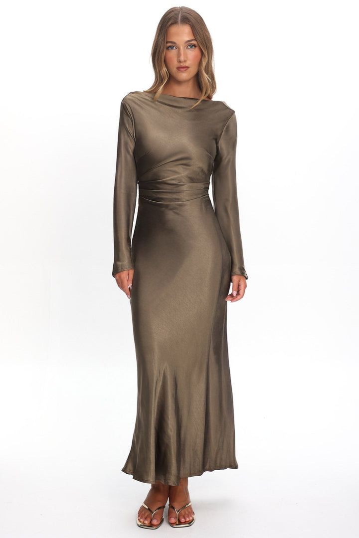 Loveland | Elegant Satin Midi Dress - Olive