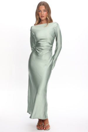 Loveland | Elegant Satin Midi Dress - Sage
