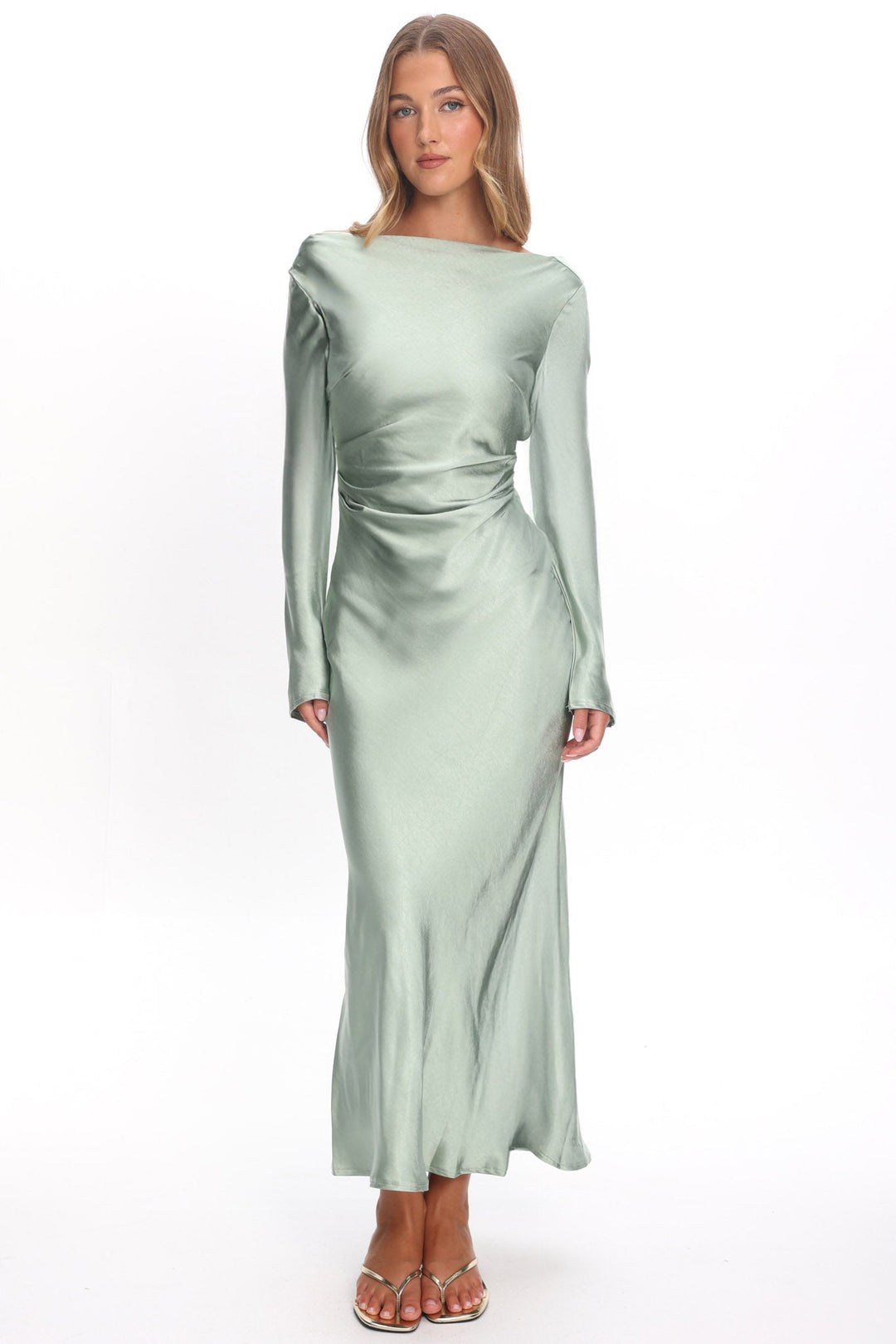 Loveland | Elegant Satin Midi Dress - Sage