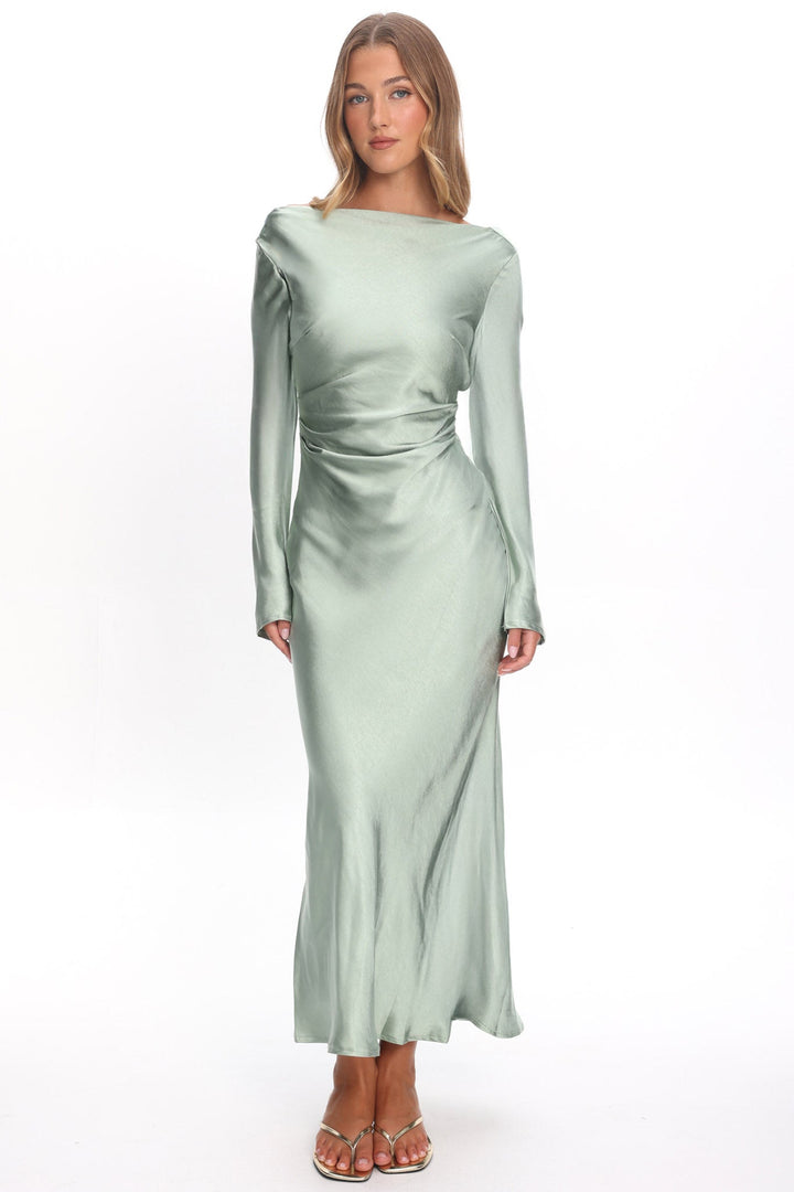 Loveland | Elegant Satin Midi Dress - Sage