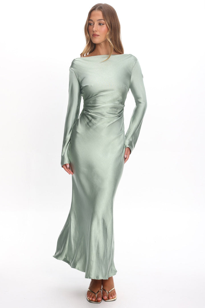 Loveland | Elegant Satin Midi Dress - Sage