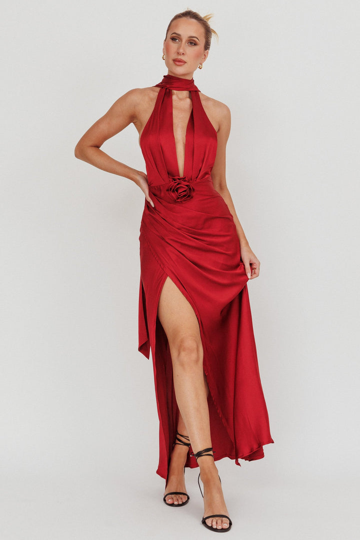 Italia Azure | Satin Maxi Dress - Red