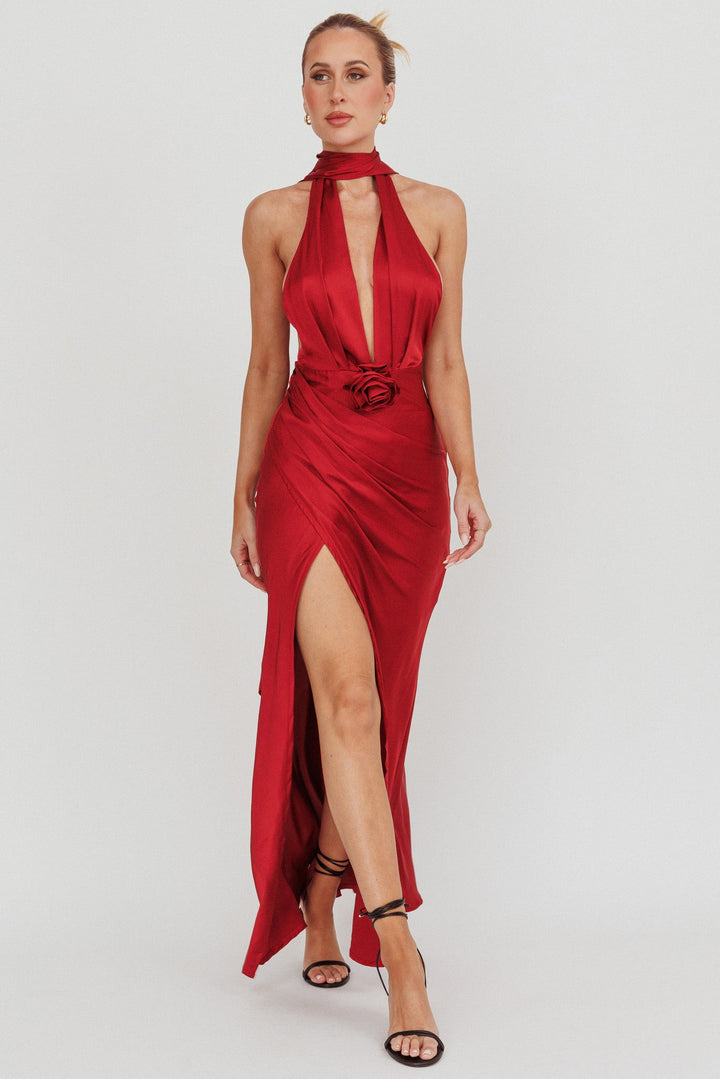 Italia Azure | Satin Maxi Dress - Red