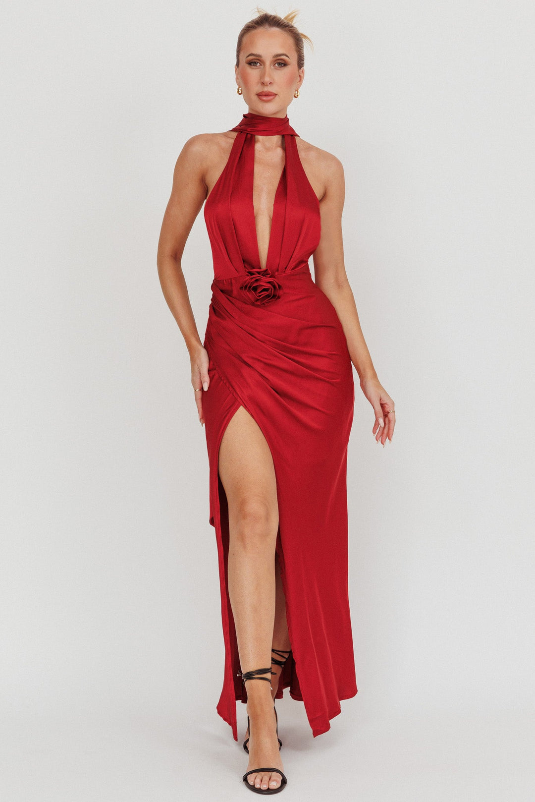 Italia Azure | Satin Maxi Dress - Red