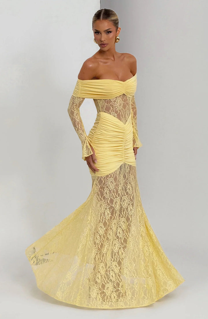 Celestia | Lace Hourglass Dress - Lemon Yellow
