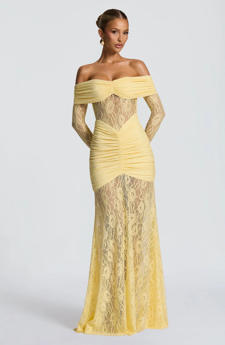 Celestia | Lace Hourglass Dress - Lemon Yellow