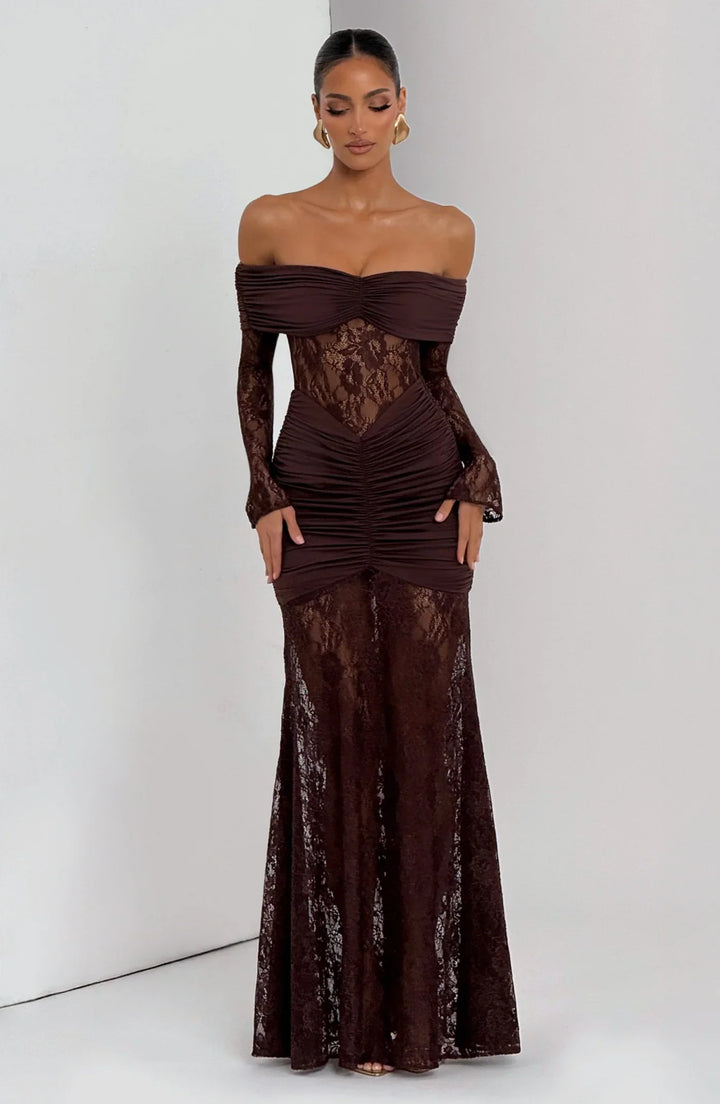 Celestia | Lace Hourglass Dress - Brown