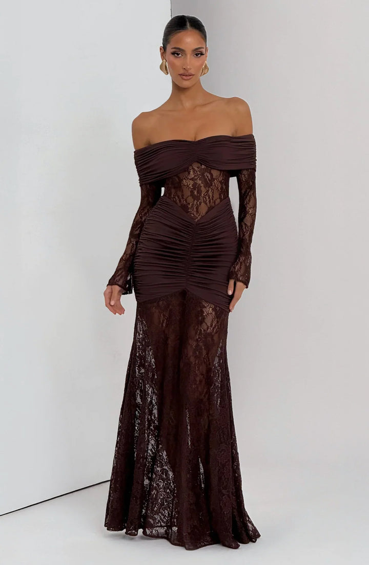 Celestia | Lace Hourglass Dress - Brown