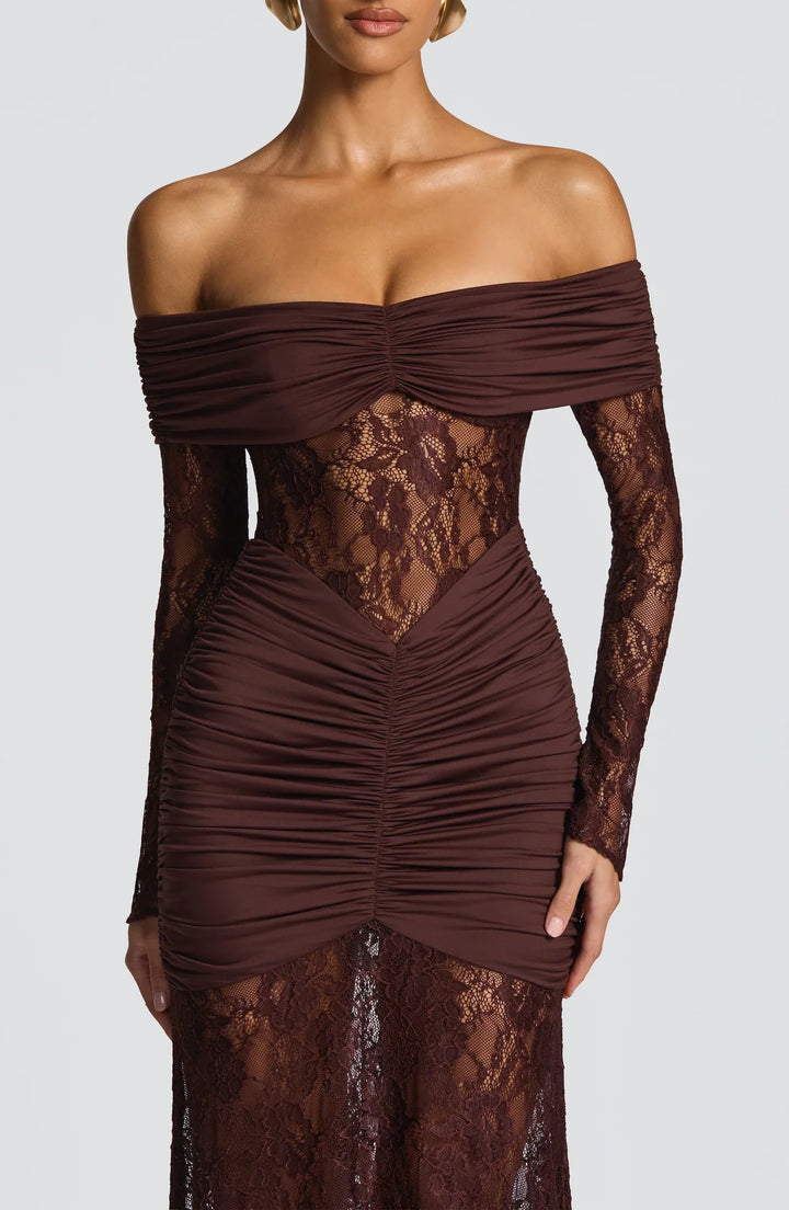 Celestia | Lace Hourglass Dress - Brown