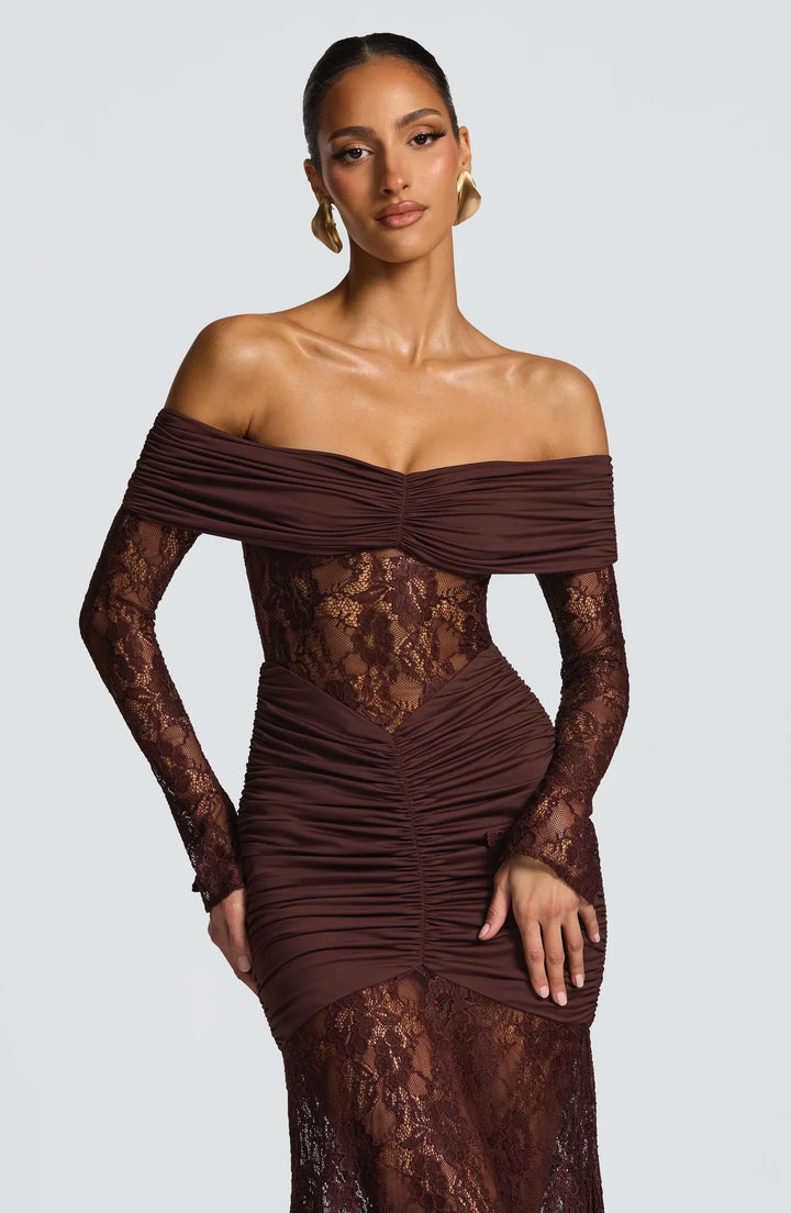Celestia | Lace Hourglass Dress - Brown