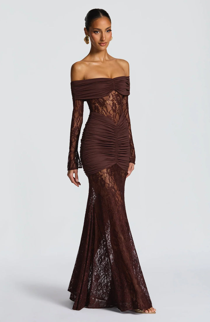 Celestia | Lace Hourglass Dress - Brown