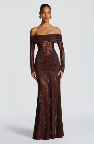 Celestia | Lace Hourglass Dress - Brown