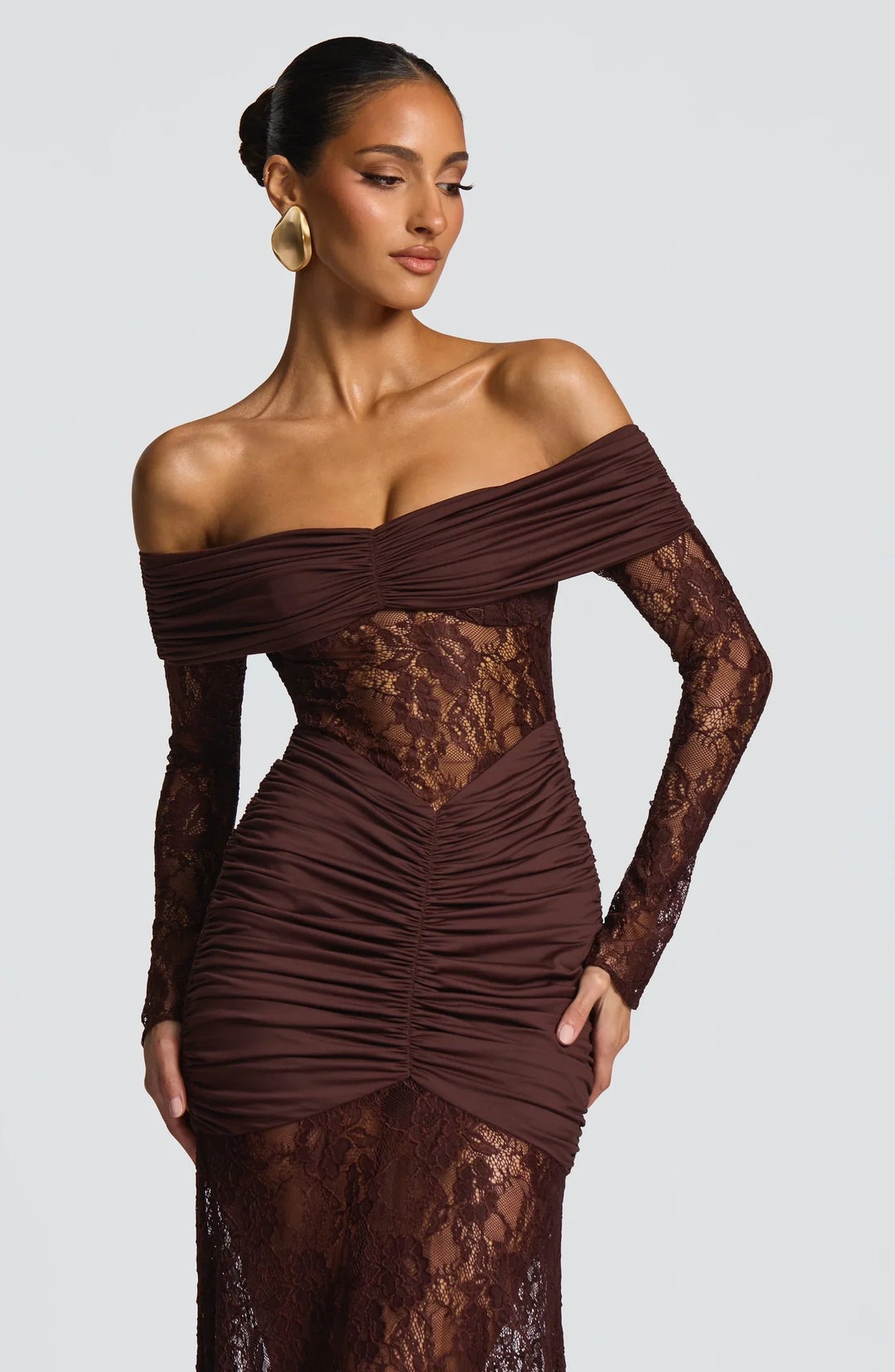 Celestia | Lace Hourglass Dress - Brown