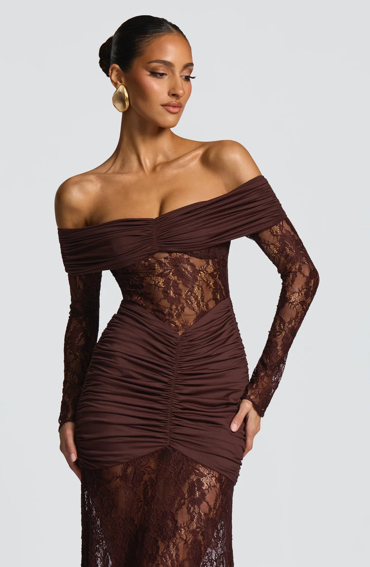Celestia | Lace Hourglass Dress - Brown