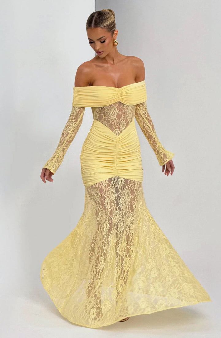 Celestia | Lace Hourglass Dress - Lemon Yellow