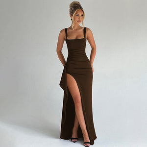 Seraya | Open Back Slip Maxi Dress - Brown