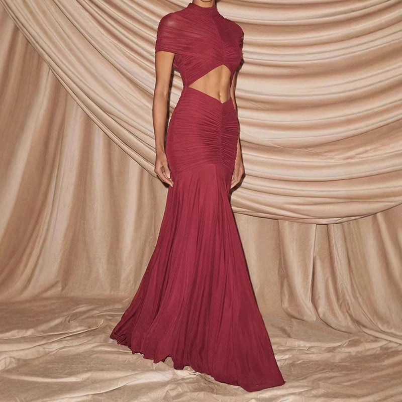 Solena | Pleated Cut-Out Maxi Dress - Red