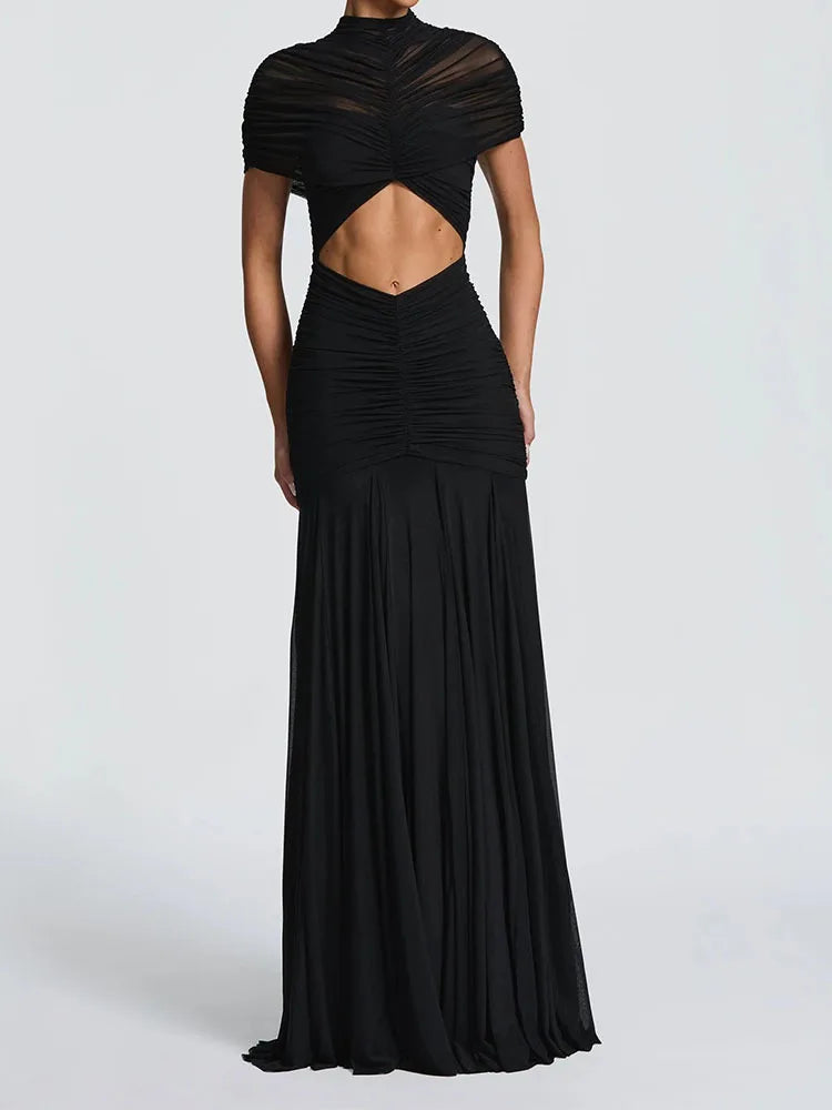Solena | Pleated Cut-Out Maxi Dress - Black