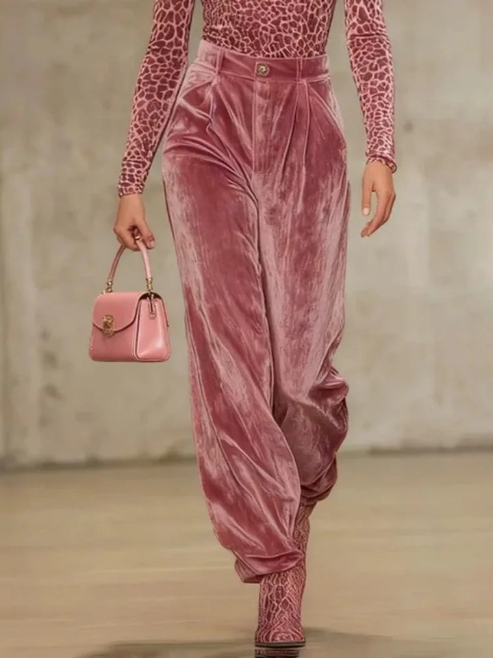 Isabella - Pink Velvet Wide-Leg Trousers