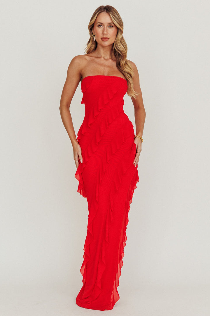 Genevieve | Cascading Ruffle Maxi Dress - Red