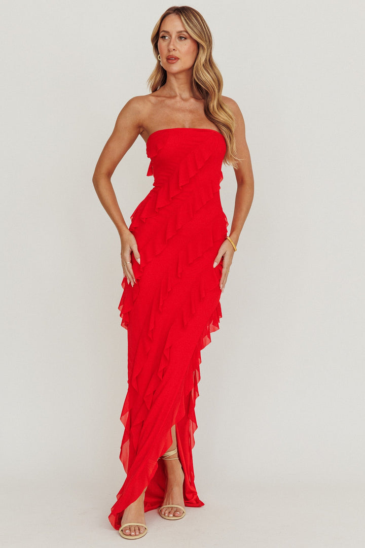 Genevieve | Cascading Ruffle Maxi Dress - Red