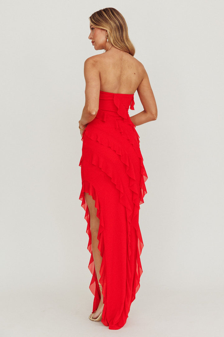 Genevieve | Cascading Ruffle Maxi Dress - Red