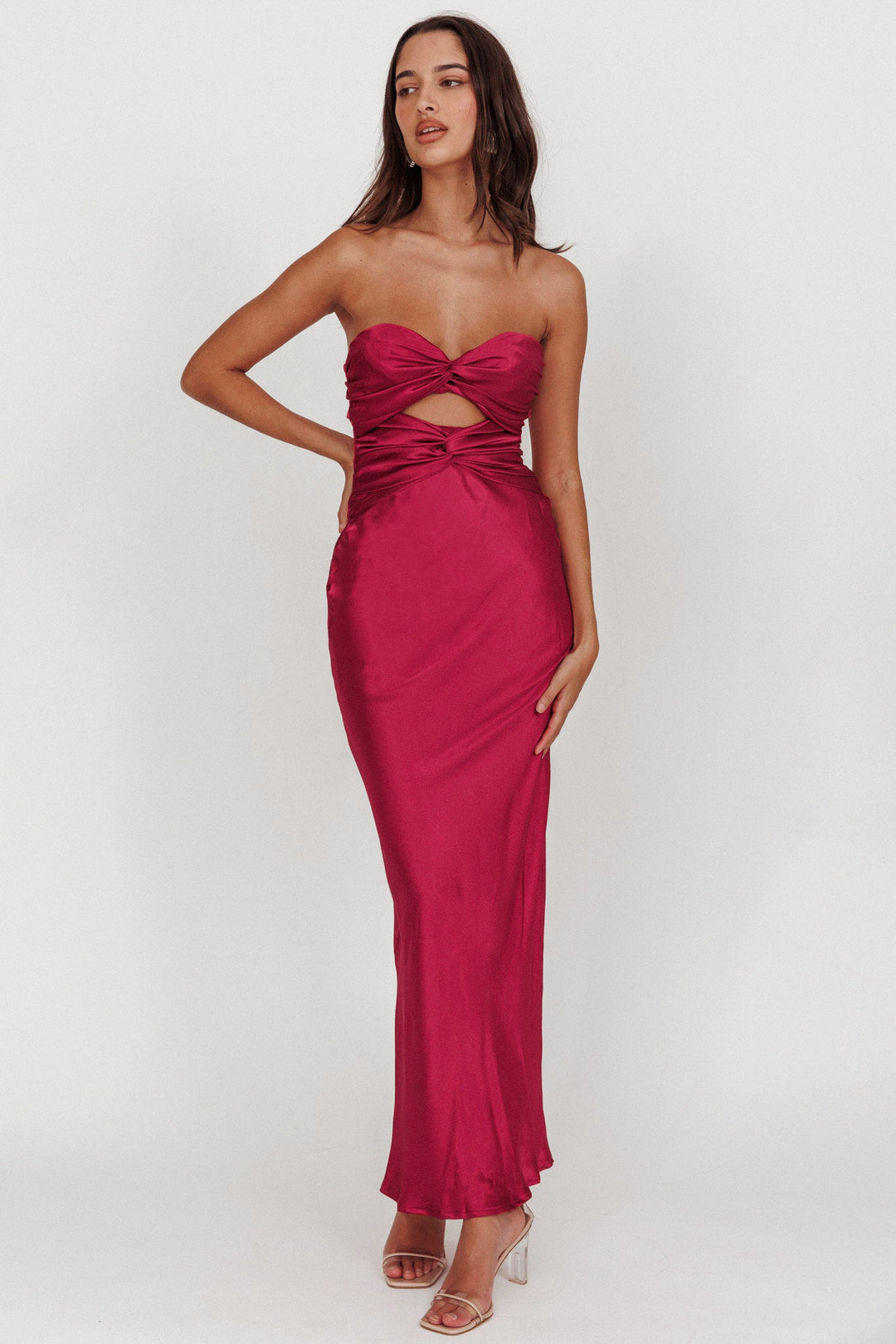 Isabelle | Strapless Satin Maxi Dress - Plum