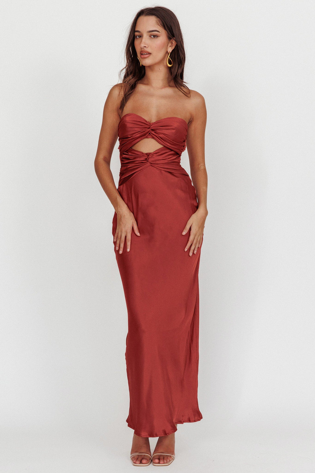 Mevi | Strapless Satin Maxi Dress - Terracotta