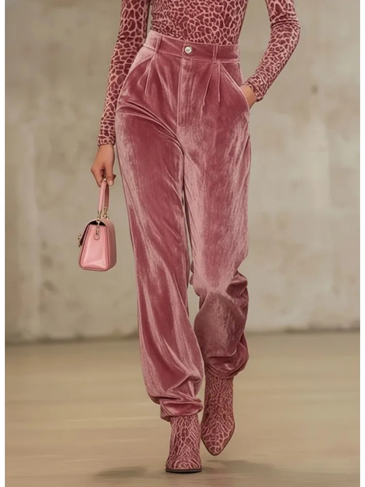 Isabella - Pink Velvet Wide-Leg Trousers