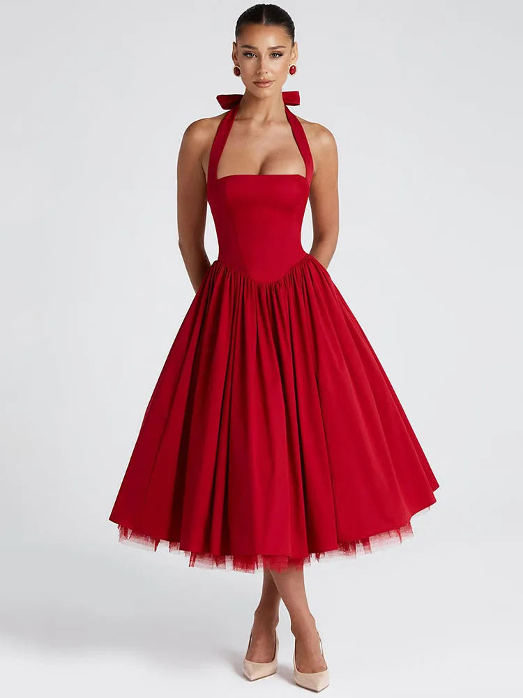 Edith | Square Neck Midi Dress Red