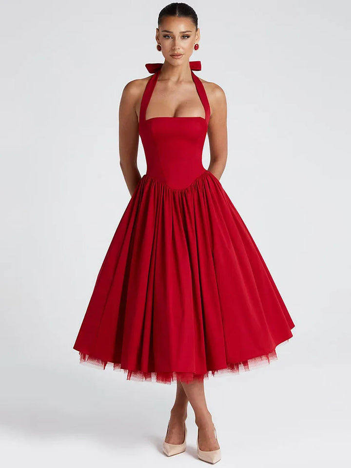 Edith | Square Neck Midi Dress Red