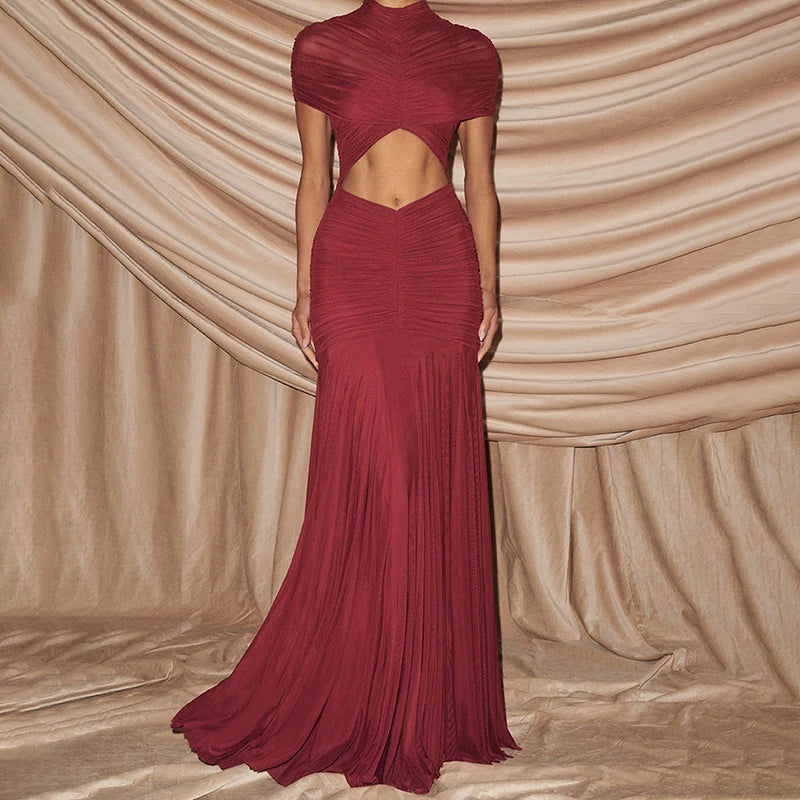 Solena | Pleated Cut-Out Maxi Dress - Red