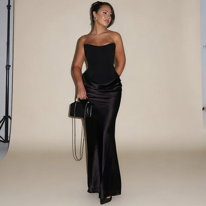 Vireya | Strapless Corset Midi Dress - Black