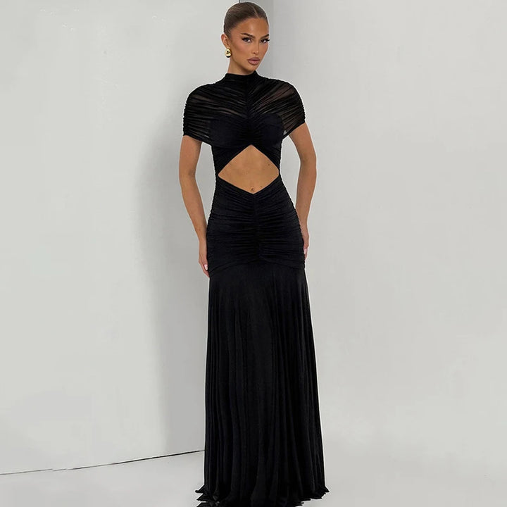 Solena | Pleated Cut-Out Maxi Dress - Black