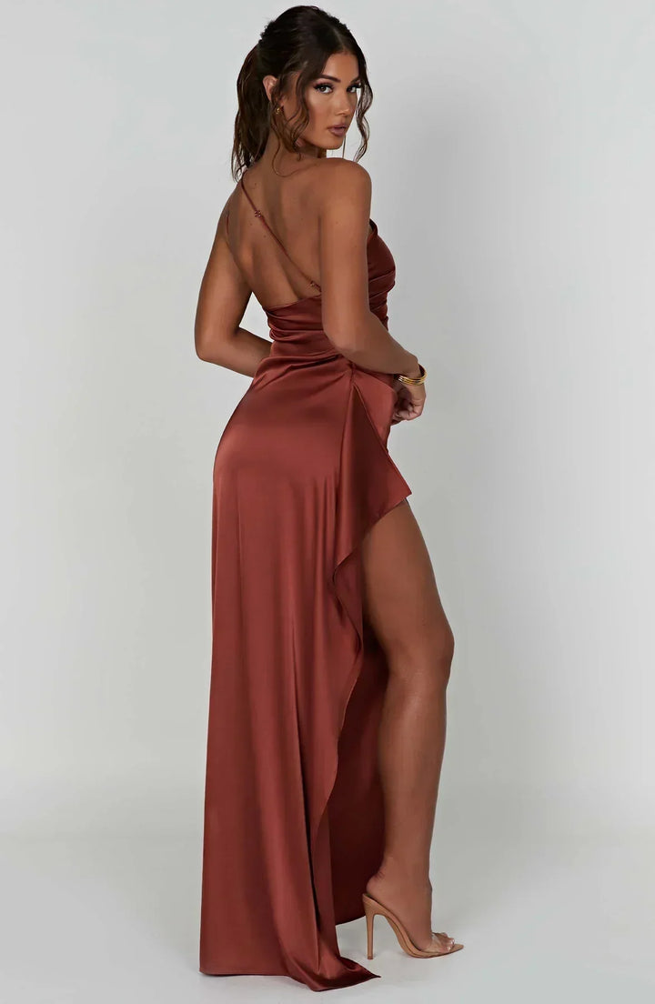 Zarina | Asymmetric Evening Maxi Dress - Rust Brown