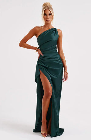 Zarina | Asymmetric Evening Maxi Dress - Dark Teal Green