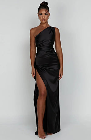 Zarina | Asymmetric Evening Maxi Dress - Black