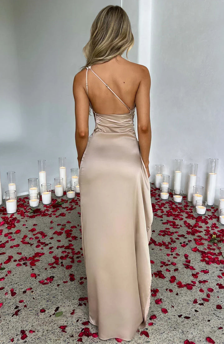 Zarina | Asymmetric Evening Maxi Dress - Beige